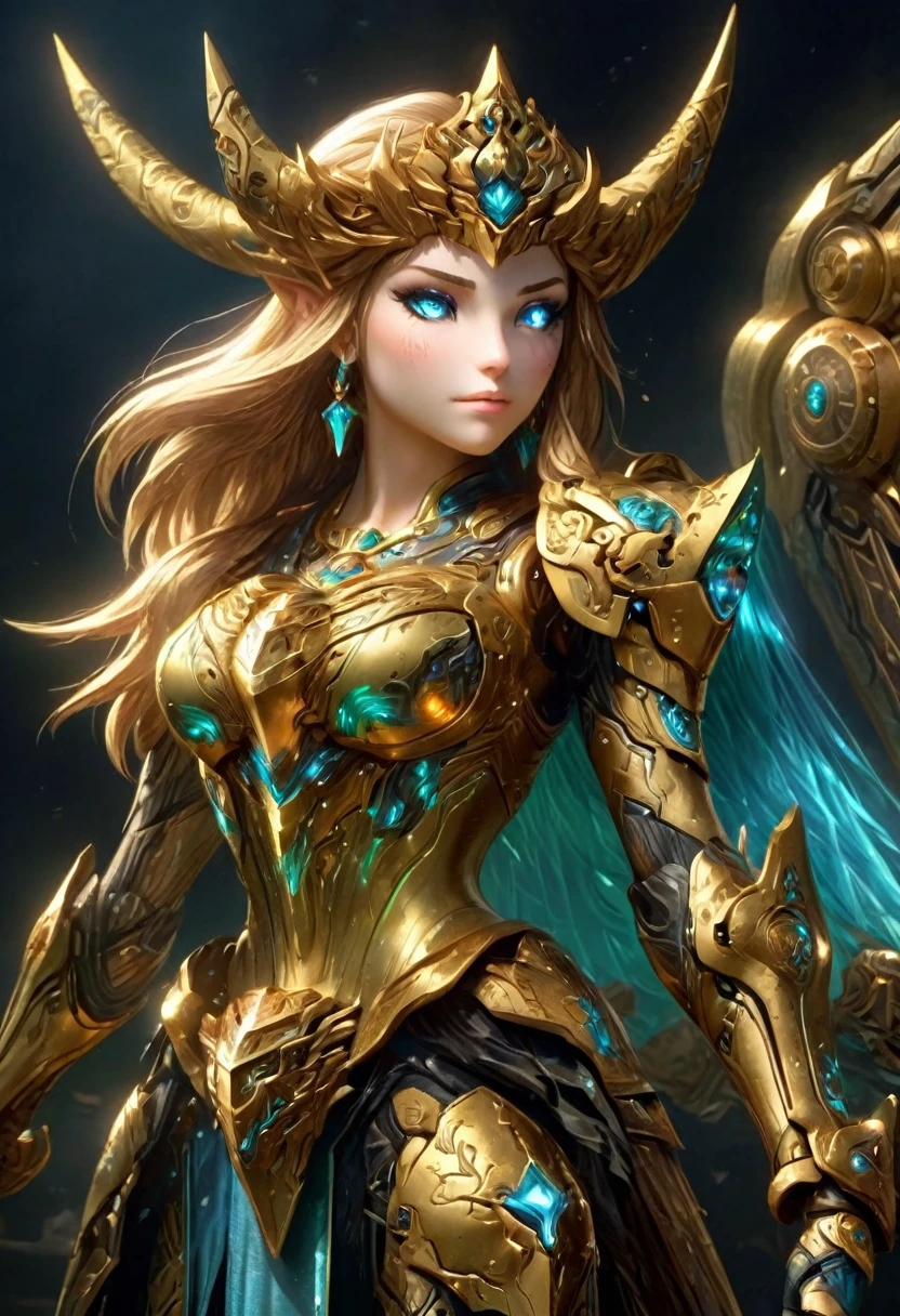 high details, best quality, 16k, [ultra detailed], masterpiece, best quality, (extremely detailed), full body, ultra wide shot, photorealistic, , fantasy art, dnd art, rpg art, realistic art, a wide angle, (((anatomically correct))) a wallpaper of an Princess Zelda, ready for battle with her mount (intense details, Masterpiece, best quality: 1.5),Princess Zelda (intense details, Masterpiece, best quality: 1.5), ultra detailed face, ultra feminine, fair skin, exquisite beauty, gold hair, long hair, wavy hair, small pointed ears, dynamic eyes color, wearing heavy green mech armor, shinning metal, armed with elven sword, green meadows, blue skies background and some clouds background depth of field (intricate details, Masterpiece, best quality: 1.5), full body (intricate details, Masterpiece, best quality: 1.5), high details, best quality, highres, ultra wide angle, Mechanical Creatures