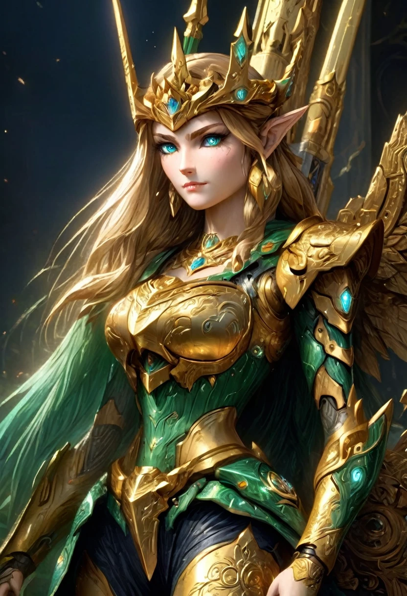 high details, best quality, 16k, [ultra detailed], masterpiece, best quality, (extremely detailed), full body, ultra wide shot, photorealistic, , fantasy art, dnd art, rpg art, realistic art, a wide angle, (((anatomically correct))) a wallpaper of an Princess Zelda, ready for battle with her mount (intense details, Masterpiece, best quality: 1.5),Princess Zelda (intense details, Masterpiece, best quality: 1.5), ultra detailed face, ultra feminine, fair skin, exquisite beauty, gold hair, long hair, wavy hair, small pointed ears, dynamic eyes color, wearing heavy green mech armor, shinning metal, armed with elven sword, green meadows, blue skies background and some clouds background depth of field (intricate details, Masterpiece, best quality: 1.5), full body (intricate details, Masterpiece, best quality: 1.5), high details, best quality, highres, ultra wide angle, Mechanical Creatures