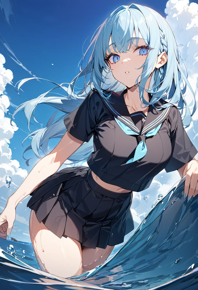 1 girl, masterpiece, best quality, beautiful woman, big eyes, blue eyes, light blue hair, hime cut, side braid, black sailor suit, skirt, water, anime