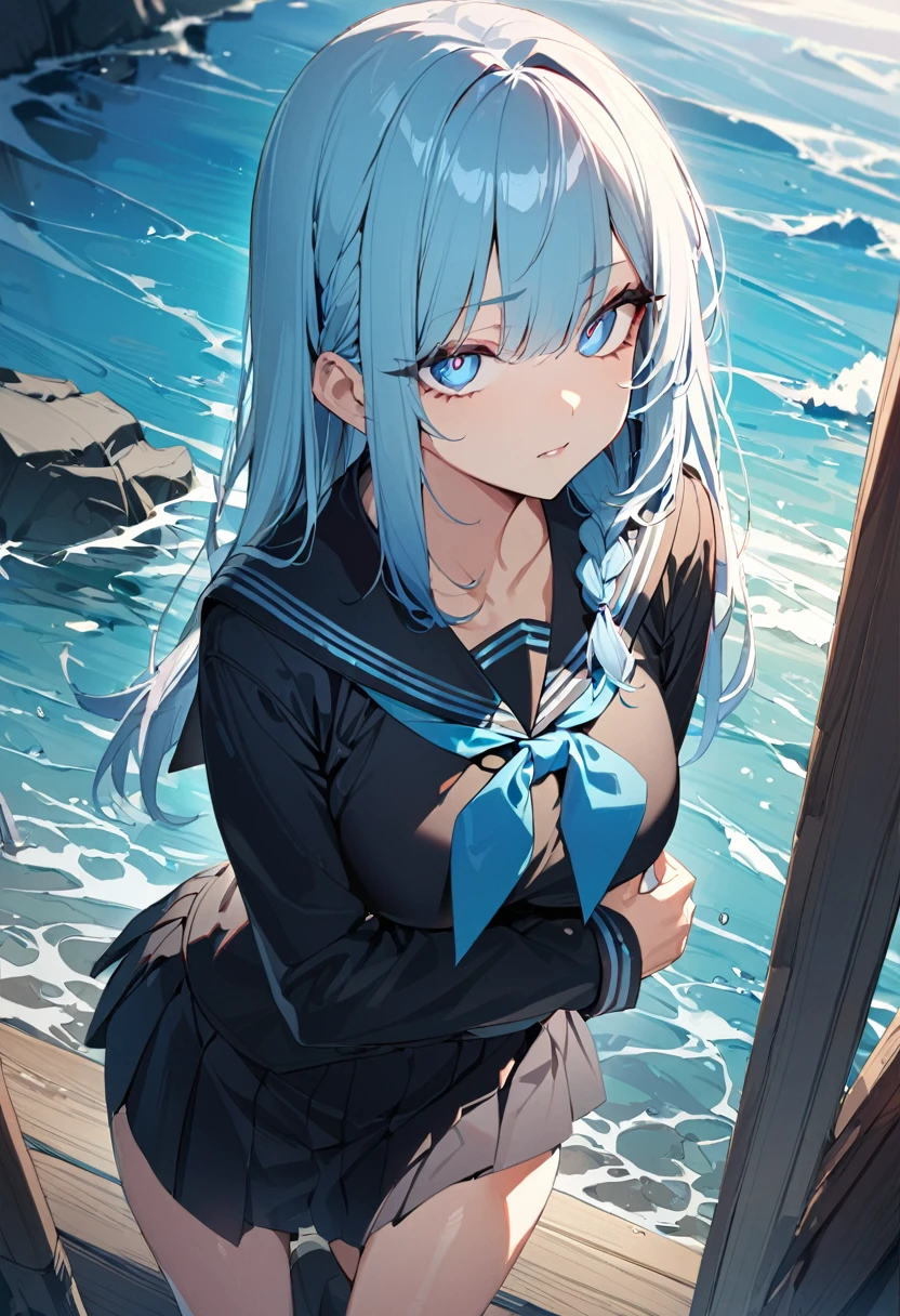 1 girl, masterpiece, best quality, beautiful woman, big eyes, blue eyes, light blue hair, hime cut, side braid, black sailor suit, skirt, water, anime