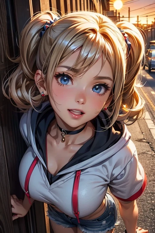 #Basics A girl is posing for a photo, animeのかわいい女の子, (((One Girl, Baby Face, Young girl, ))), 
BREAK 

#Clothing Accessories 
((White hoodie) + (Blue denim shorts) + Red headband) + (Black Pantyhose) + Blue sneakers, 
Black choker, red gem earrings, 
BREAK 

#Features 
(Blonde), (Chest-length sideburns), (Twin tails : Short Hair + Thin hair tied up + Full hair + Curly Hair),  
(Droopy eyes, blue eyes), (Small breasts),  
BREAK 

#background environment 
(evening、(The school road illuminated by the setting sun, A slope with a panoramic view of the city))
#Facial Expression Pose
((Big happy smile + Mouth wide open + Teeth are visible), (Walking)), 
#composition 
((Face the camera, Angle from the front, Looking up, Cowboy Shot)),  
BREAK 

#Body parts elements 
(Detailed hair, Beautiful Hair, Shiny Hair), 
(double eyelid, Long eyelashes), 
(Expression of fine eyes, Beautiful and delicate eyes, Sparkling eyes, Eye Reflexes, Glitter Eyeliner), 
(Human Ear), 
(Beautiful Nose, Thin Nose), 
(Glossy lips, Beautiful Lips, Thick lips, Glossy Lips, Natural Cheeks), 
(Detailed face, Symmetrical facial features), 
(Detailed skin, Textured skin, Beautiful Skin, Shiny skin), 
BREAK 

#Quality 
(((Highest quality)), ((masterpiece)), ((Very detailed))), ((High resolution), (16K,1080P)), 
(Realistic), (Anatomically correct), 
((comics, anime)), (3DCG), CG illustration,
