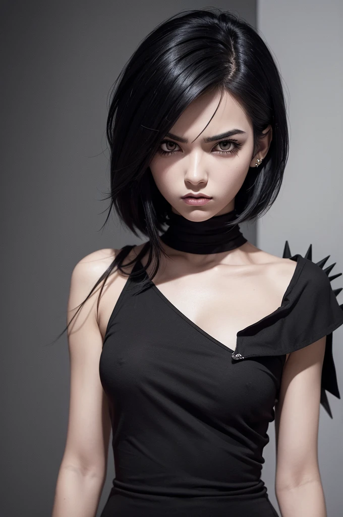manga character (Desenho em preto e branco) woman with spiky black hair below the shoulder, angry look, tall and fearless