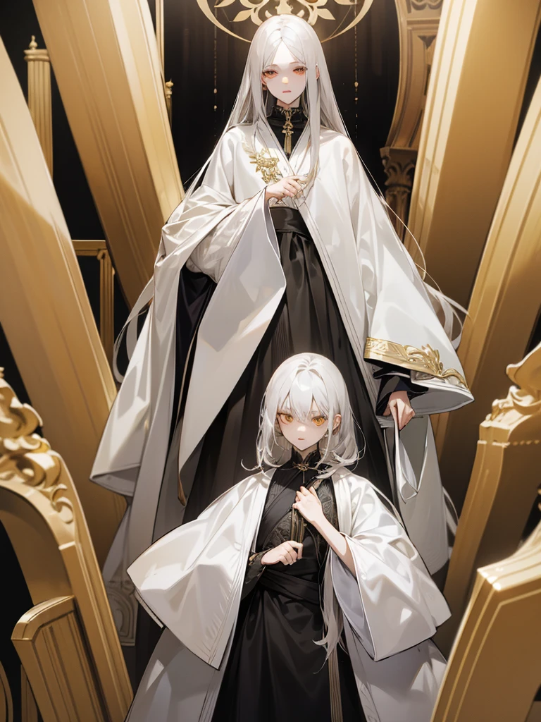 Medium-length grey hair, black highlights, golden eyes, narrow pupils, pale skin, slim figure, tall and thin, male