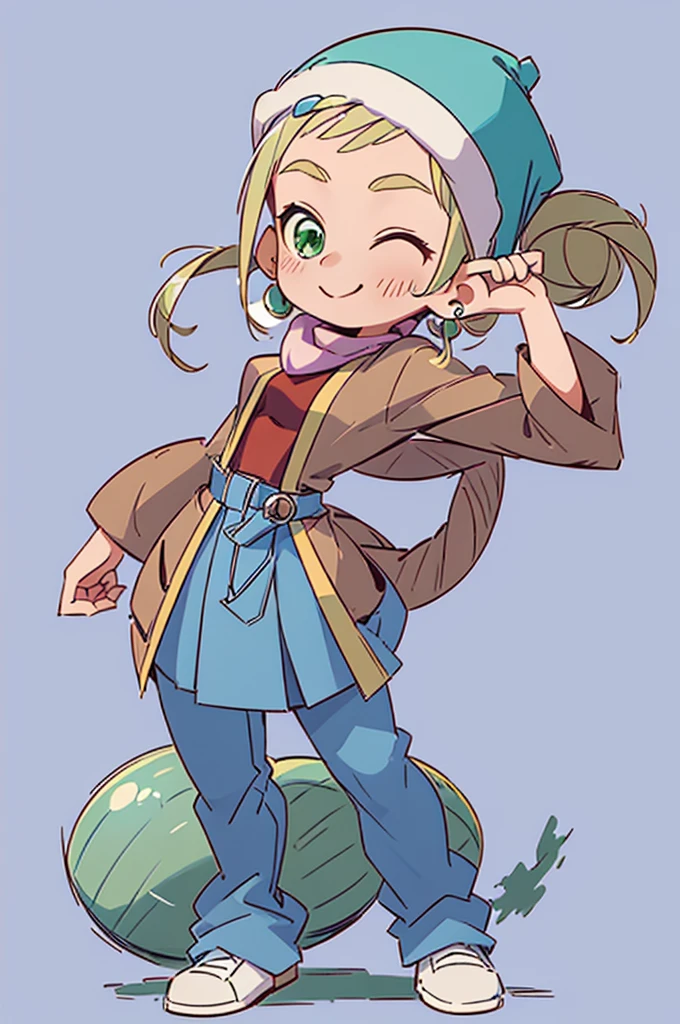 masterpiece, best quality, full body, simple background, Ojamajo Doremi style, ojaskmmkcs, standing, tall, smile, wink, one eye closed, adult, medium , heavy winter brown jacket, gray shirt, blue jean pants, winter hat, green eyes, blush, energetic pose, hands behind back