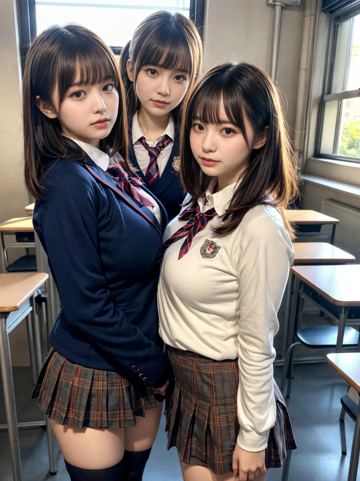 masterpiece, best quality, illustration, Super detailed, fine details, High resolution, 8K,wall paper, perfect dynamic composition,(Details High quality, realistic depiction of eyes:1.3), (2 girls, 2 schoolgirls:1.2), from side, High School Classroom、High school girl uniform、blazer 、Super Short Check Uniform Skirt、Navy blue high socks、garterbelts、Colossal tits、Disturbed uniform,  short bob hair, black hair color, huge breasts, Big Natural Color Lip, bold sexy pose, (perfect body shape), crying a little、 Harajuku style、20 year old girl、 beautiful legs, hposing Gravure Idol, Voluptuous thighs