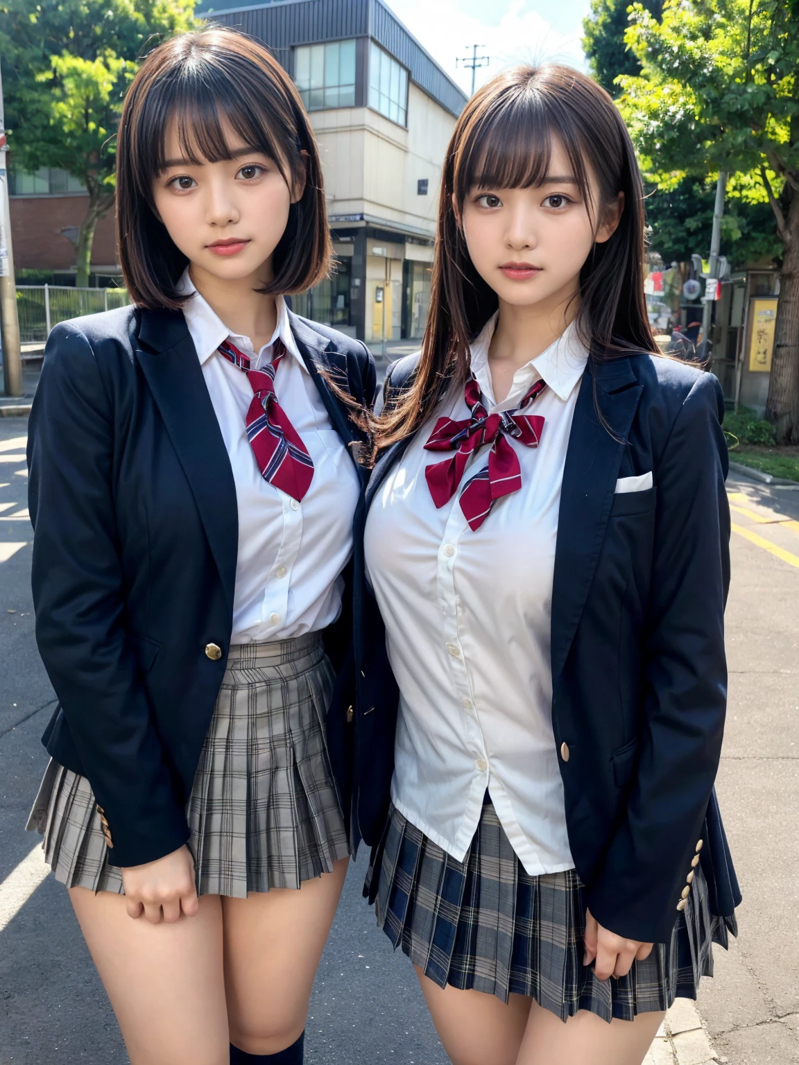 masterpiece, best quality, illustration, Super detailed, fine details, High resolution, 8K,wall paper, perfect dynamic composition,(Details High quality, realistic depiction of eyes:1.3), (2 girls, 2 schoolgirls:1.2), from side, High School Classroom、High school girl uniform、blazer 、Super Short Check Uniform Skirt、Navy blue high socks、garterbelts、Colossal tits、Disturbed uniform, short bob hair, black hair color, huge breasts, Big Natural Color Lip, bold sexy pose, (perfect body shape), crying a little、 Harajuku style、20 year old girl、 beautiful legs, hposing Gravure Idol, Voluptuous thighs