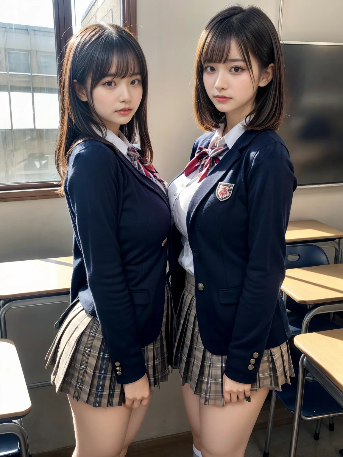 masterpiece, best quality, illustration, Super detailed, fine details, High resolution, 8K,wall paper, perfect dynamic composition,(Details High quality, realistic depiction of eyes:1.3), (2 girls, 2 schoolgirls:1.2), from side, High School Classroom、High school girl uniform、blazer 、Super Short Check Uniform Skirt、Navy blue high socks、garterbelts、Colossal tits、Disturbed uniform, short bob hair, black hair color, huge breasts, Big Natural Color Lip, bold sexy pose, (perfect body shape), crying a little、 Harajuku style、20 year old girl、 beautiful legs, hposing Gravure Idol, Voluptuous thighs