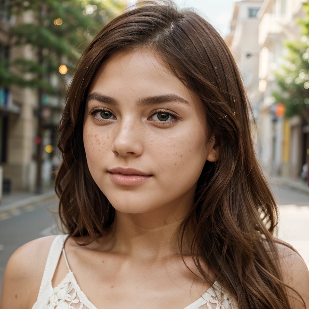 Create a very realistic and beautiful model with the following detailed features: Gender: Female, Age: Young adult (approximately 20-25 years old), Hair: Long, wavy and reddish with a natural shine, gently cascading around the shoulders and back back. . . . . . . . . . , Eyes: Bright green with a captivating, slightly almond-shaped look, detailed with natural highlights, Skin: Fair complexion with a light texture, including natural freckles on the nose and cheeks, giving a youthful and vibrant appearance: Fair complexion with a light texture, including natural freckles on the nose and cheeks, giving a youthful and lively appearance, Face: with a smooth and natural contour, soft, full lips with a slight pinkish tint and a slightly delicate upturned nose, Expression : a sweet face, with a touch of mischief, which transmits warmth and approachability, Clothing: a fluid dress, bright color, Context: the model is in an elegant street, with flowers,
Pose: A relaxed, confident posture, aesthetic, Unsplash, Neoclassicism, Intricate background, Best quality, hyper detailed, Gratty Sita, 64K, Light design