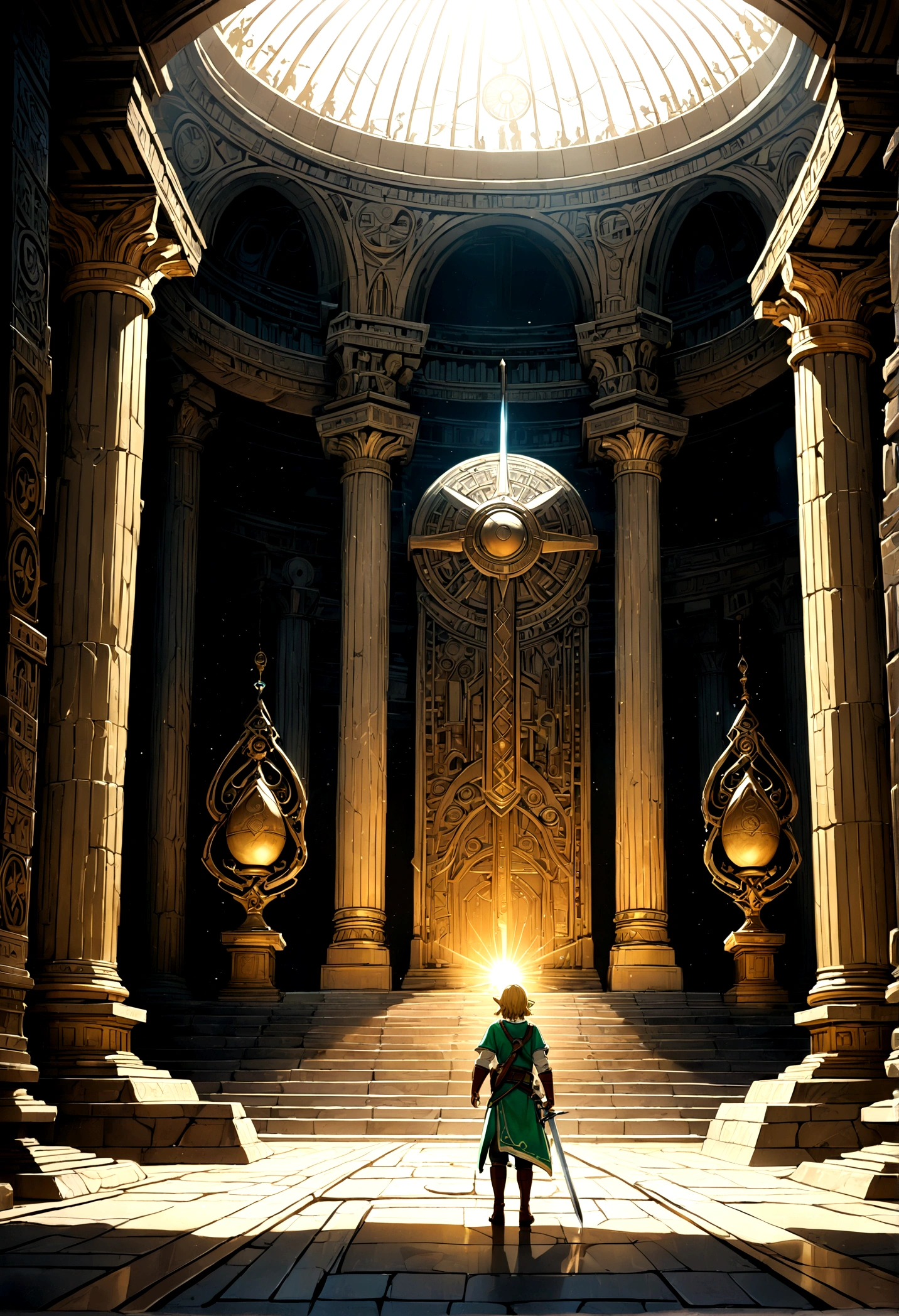 (The Legend of Zelda), Brave Link, forest, by James R. Eads, Georges Seurat Style, full body, (Photography), panoramic view, award-winning, cinematic still, emotional, vignette, dynamic, vivid, (masterpiece, best quality, Professional, perfect composition, very aesthetic, absurdres, ultra-detailed, intricate details:1.3)