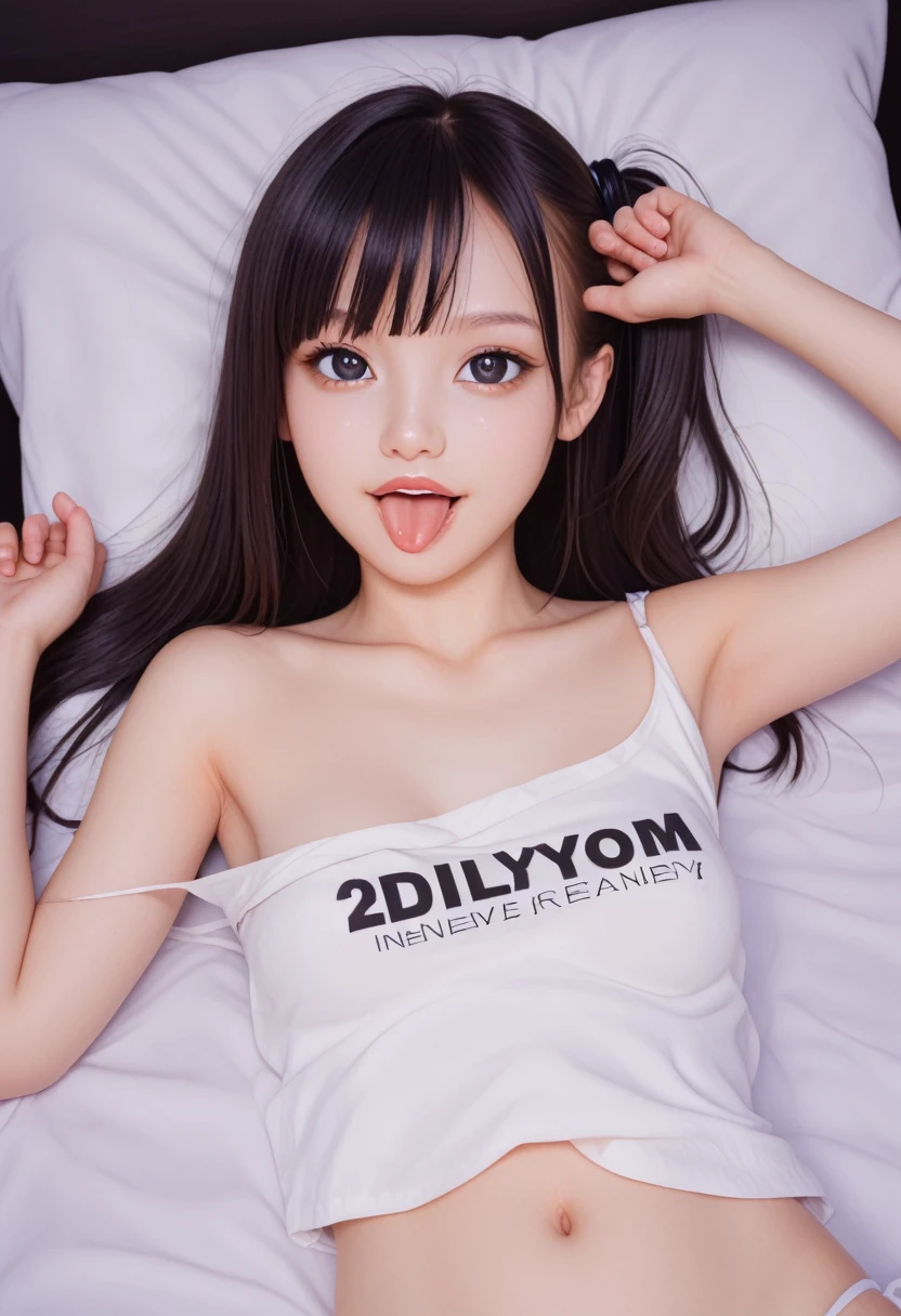 pastel colors t-shirt,off-shoulder look,bare shoulder,ollarbone,midriff peek,string panties,(open mouth:1.5),(tongue out:2),lying,overhead shot,front view,upper body,(1girl,Beautiful 14 year old girl),((Slender,Small breasts,Small face,)),(looking at viewer),Black Hair,bangs,one side up,Beautiful and detailed,(Dimly lit room:1.5),Simple Background,White bed,pillow,Mischievous smile