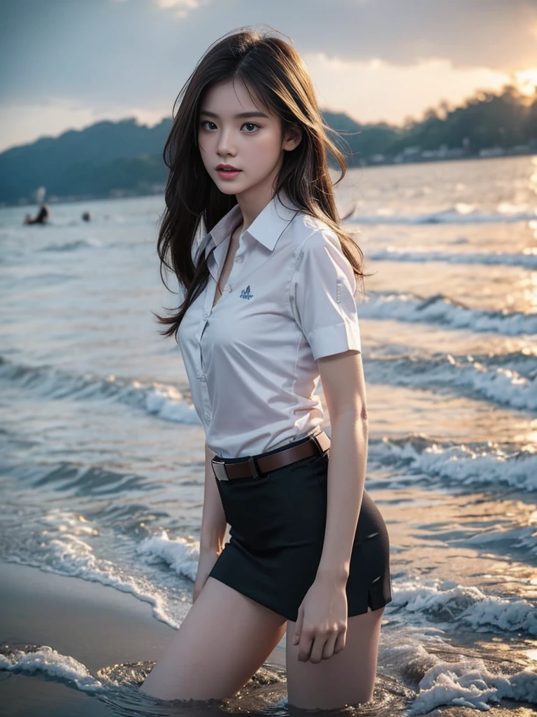 18s woman in thai university uniform, very beautiful, pretty, wet long straight hair, white wet plain short-sleeve button up shirt:1.4, black wet bra:1.3, black wet tight mini skirt:1.2, brown belt, masterpiece:1.2, high detail, realistic, cinematic scene, slim and perfect figure, perfect body proportions, 16k, portrait photo, dynamic pose, dynamic compositions, water, surrounded by heavy water:1.2, motion blur, long exposure, at sea shore, martial arts, blue light tone, water magic, (water element:1.2), water goddess, xuer martial arts, insane detailed on face, close up, water droplets on the skin:1.2, water drips all over her body:1.2, water droplet on her face:1.2, wet body:1.2, selective focus, shallow sea, opaque shirt:1.4 ท่านอน ท่านั่งยอง ท่านั่ง ต้นขา เปิดหน้าอกเล็กน้อย
