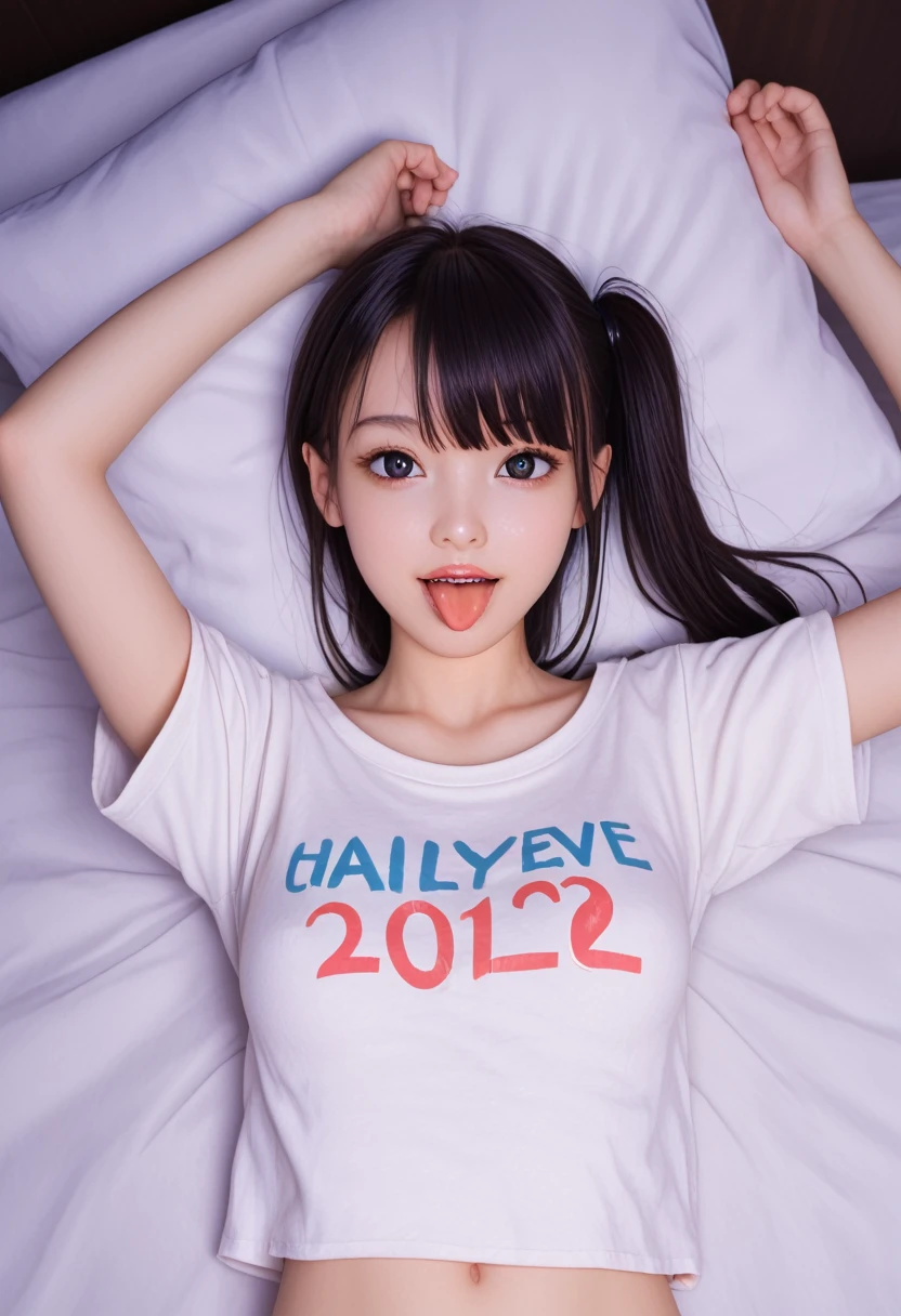 pastel colors t-shirt,off-shoulder look,bare shoulder,ollarbone,midriff peek,string panties,(open mouth:1.5),(tongue out:2),lying,overhead shot,front view,upper body,(1girl,Beautiful 14 year old girl),((Slender,Small breasts,Small face,)),(looking at viewer),Black Hair,bangs,one side up,Beautiful and detailed,(Dimly lit room:1.5),Simple Background,White bed,pillow,Mischievous smile