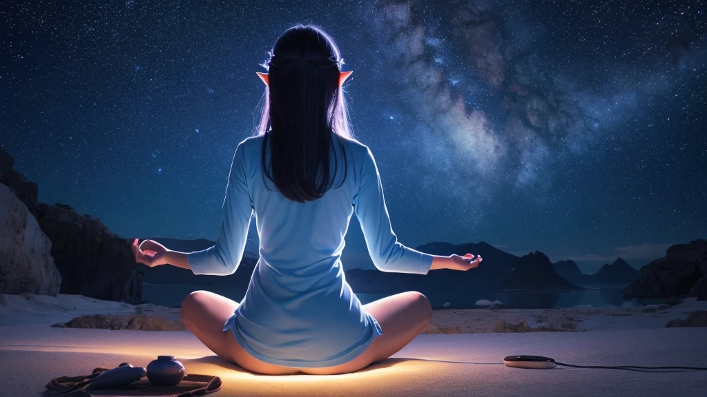 In meditation position座っている女性，rear view of oriental modern woman，blue clothing。sail in front of the stars, The soul of an elf meditating in space, sitting in a cosmic cloudscape, spiritual enlightenment, Meditating, Powerful woman sitting in space, Meditation Phase of Hinduism, cosmic illumination, Meditation in the lotus position, calm evening. digital illustration, In meditation position, meditation, In meditation position, Healing glowing lamp blue clothing