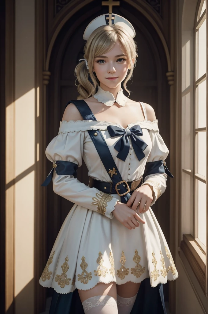 A young girl in realistic portrait of high quality and detail, movie style, Barbara (Genshin Impact), a young girl of petite build with ash-blond hair gathered in two ponytails and blue eyes. She is dressed in a white off-the-shoulder dress decorated with gold embroidery and a dark blue petticoat with the same color lapels on the sleeves. The bodice of the dress is decorated with a sea-green bow. The outfit is complemented by white tights, white shoes with black lacing, blue ruffles and a black block heel and a separate collar. On her head she wears a white and blue cap with a gold cross, similar to a nurse's headdress. Barbara also carries a spell book with a blue cover, decorated with gold and a cross keychain. She attaches it to a black leather sling with a gold buckle. light and peaceful atmosphere, glow, eye shadow, 1girl, fantasy, Depth & Perspective, smiling on her face, Mystical powers, fine face, She stands in the middle of the church hall, indoors, The cathedral of the 16th century in the background, sunlight from stained glass windows, looking at viewer, (ultra-high detail:1.2), Masterpiece, Best Quality, Ultra-detailed, Cinematic lighting, 8K, delicate features, cinematic, 35 mm lens, f/1.9, highlight lighting, global lighting –uplight –v 4, cinematic, Cinematic lighting, 8K, high quality, Highest Quality, (Solo Focus), (extremly intricate:1.3), (Realistic), masterful, Analog style, (Film grain:1.5), (warm hue, cold tone), 