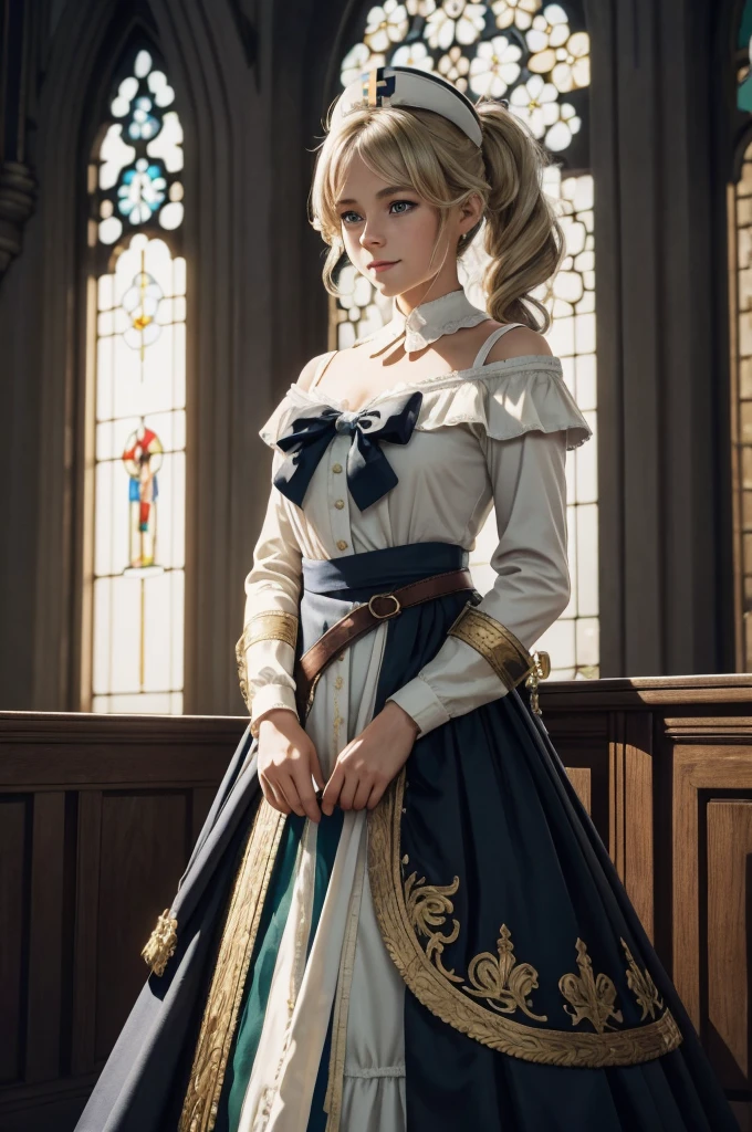 A young girl in realistic portrait of high quality and detail, movie style, Barbara (Genshin Impact), a young girl of petite build with ash-blond hair gathered in two ponytails and blue eyes. She is dressed in a white off-the-shoulder dress decorated with gold embroidery and a dark blue petticoat with the same color lapels on the sleeves. The bodice of the dress is decorated with a sea-green bow. The outfit is complemented by white tights, white shoes with black lacing, blue ruffles and a black block heel and a separate collar. On her head she wears a white and blue cap with a gold cross, similar to a nurse's headdress. Barbara also carries a spell book with a blue cover, decorated with gold and a cross keychain. She attaches it to a black leather sling with a gold buckle. light and peaceful atmosphere, glow, eye shadow, 1girl, fantasy, Depth & Perspective, smiling on her face, Mystical powers, fine face, She stands in the middle of the church hall, indoors, The cathedral of the 16th century in the background, sunlight from stained glass windows, looking at viewer, (ultra-high detail:1.2), Masterpiece, Best Quality, Ultra-detailed, Cinematic lighting, 8K, delicate features, cinematic, 35 mm lens, f/1.9, highlight lighting, global lighting –uplight –v 4, cinematic, Cinematic lighting, 8K, high quality, Highest Quality, (Solo Focus), (extremly intricate:1.3), (Realistic), masterful, Analog style, (Film grain:1.5), (warm hue, cold tone), 