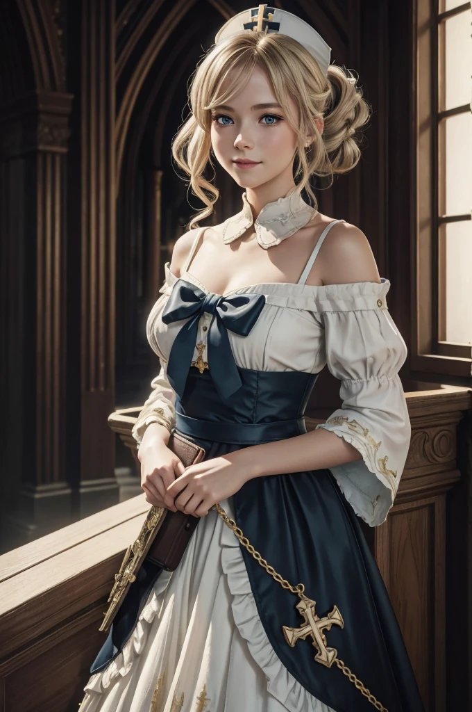 A young girl in realistic portrait of high quality and detail, movie style, Barbara (Genshin Impact), a young girl of petite build with ash-blond hair gathered in two ponytails and blue eyes. She is dressed in a white off-the-shoulder dress decorated with gold embroidery and a dark blue petticoat with the same color lapels on the sleeves. The bodice of the dress is decorated with a sea-green bow. The outfit is complemented by white tights, white shoes with black lacing, blue ruffles and a black block heel and a separate collar. On her head she wears a white and blue cap with a gold cross, similar to a nurse's headdress. Barbara also carries a spell book with a blue cover, decorated with gold and a cross keychain. She attaches it to a black leather sling with a gold buckle. light and peaceful atmosphere, glow, eye shadow, 1girl, fantasy, Depth & Perspective, smiling on her face, Mystical powers, fine face, She stands in the middle of the church hall, indoors, The cathedral of the 16th century in the background, sunlight from stained glass windows, looking at viewer, (ultra-high detail:1.2), Masterpiece, Best Quality, Ultra-detailed, Cinematic lighting, 8K, delicate features, cinematic, 35 mm lens, f/1.9, highlight lighting, global lighting –uplight –v 4, cinematic, Cinematic lighting, 8K, high quality, Highest Quality, (Solo Focus), (extremly intricate:1.3), (Realistic), masterful, Analog style, (Film grain:1.5), (warm hue, cold tone), 