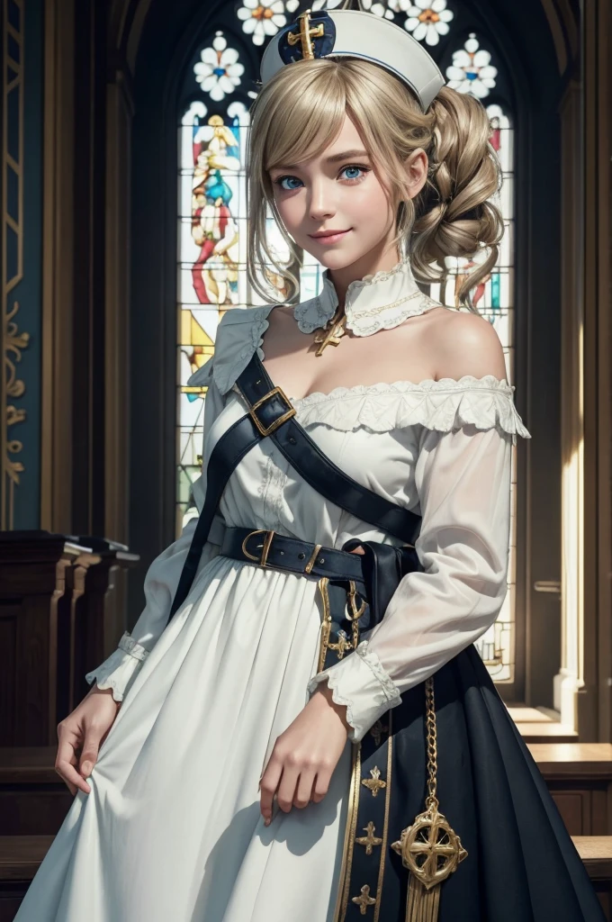 A young girl in realistic portrait of high quality and detail, movie style, Barbara (Genshin Impact), a young girl of petite build with ash-blond hair gathered in two ponytails and blue eyes. She is dressed in a white off-the-shoulder dress decorated with gold embroidery and a dark blue petticoat with the same color lapels on the sleeves. The bodice of the dress is decorated with a sea-green bow. The outfit is complemented by white tights, white shoes with black lacing, blue ruffles and a black block heel and a separate collar. On her head she wears a white and blue cap with a gold cross, similar to a nurse's headdress. Barbara also carries a spell book with a blue cover, decorated with gold and a cross keychain. She attaches it to a black leather sling with a gold buckle. light and peaceful atmosphere, glow, eye shadow, 1girl, fantasy, Depth & Perspective, smiling on her face, Mystical powers, fine face, She stands in the middle of the church hall, indoors, The cathedral of the 16th century in the background, sunlight from stained glass windows, looking at viewer, (ultra-high detail:1.2), Masterpiece, Best Quality, Ultra-detailed, Cinematic lighting, 8K, delicate features, cinematic, 35 mm lens, f/1.9, highlight lighting, global lighting –uplight –v 4, cinematic, Cinematic lighting, 8K, high quality, Highest Quality, (Solo Focus), (extremly intricate:1.3), (Realistic), masterful, Analog style, (Film grain:1.5), (warm hue, cold tone), 