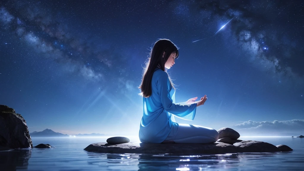 In meditation position座っている女性,rear view of oriental modern woman,blue clothing。sail in front of the stars, The soul of an elf meditating in space, sitting in a cosmic cloudscape, spiritual enlightenment, Meditating, Powerful woman sitting in space, Meditation Phase of Hinduism, cosmic illumination, Meditation in the lotus position, calm evening. digital illustration, In meditation position, meditation, In meditation position, Healing glowing lamp blue clothing