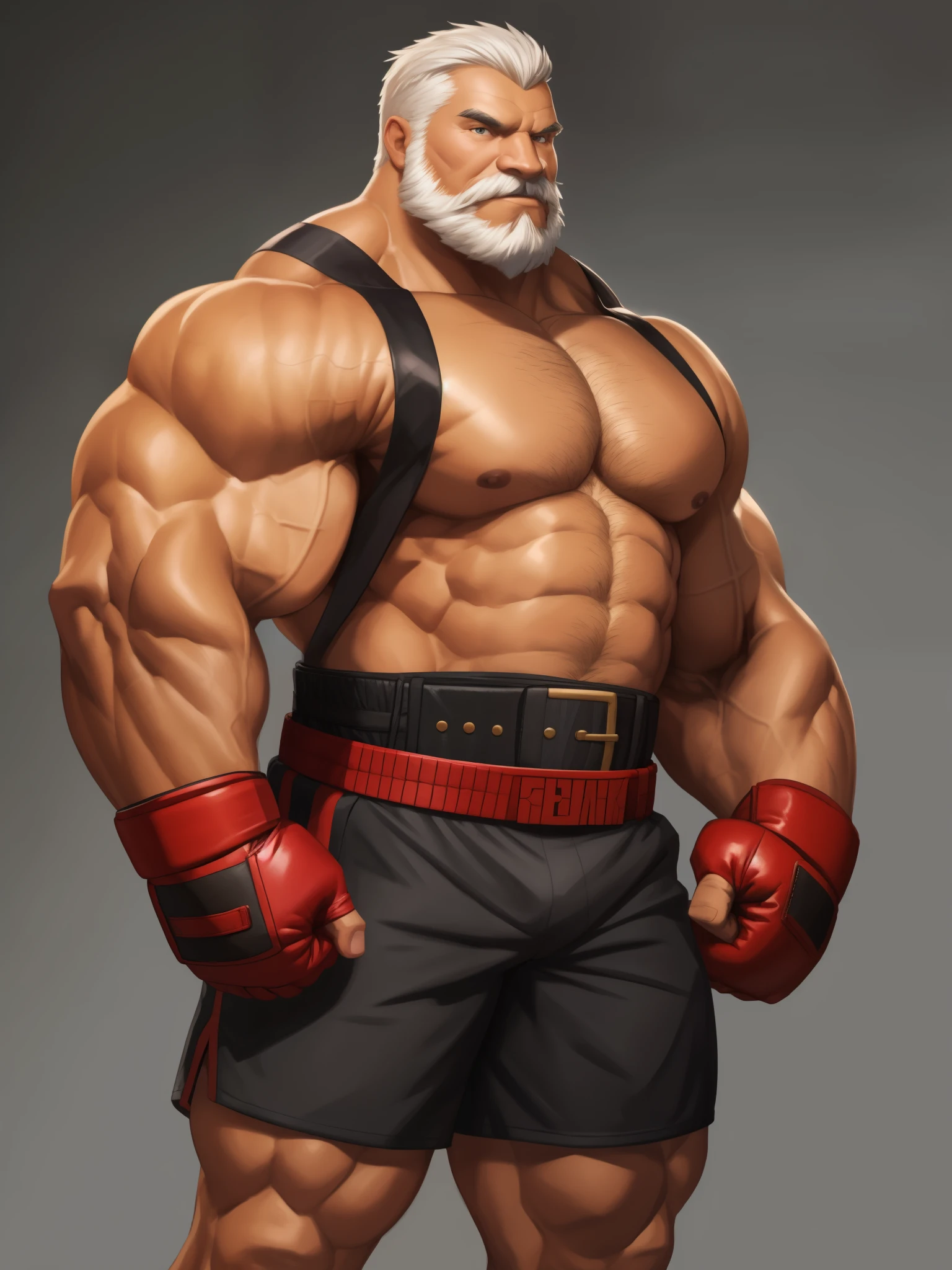 solo, 1boy, Huge Muscular Old man wearing boxing belt , pectoral, thick arms, huge pectoral, wide pectoral, short white hair, short pants and shirtless, bearded, simple background, masterpiece, semirealistic:1.2, high detailed, 8k, high resolution