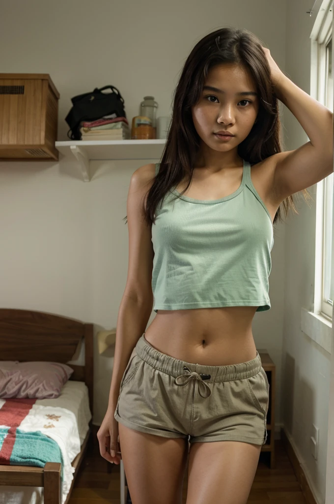 sexy Indonesian girl aged 15 years, wearing tank top and shorts, in the room