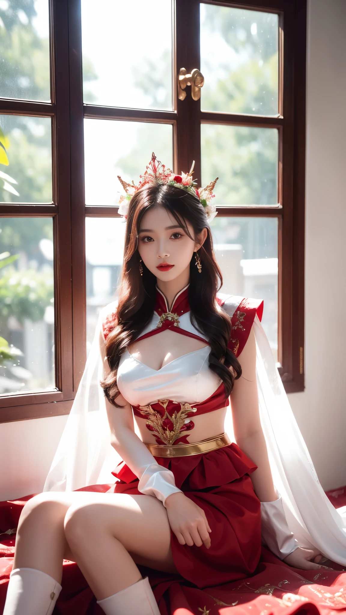 4K, UHD, masterpeice, 1 girl, petfect body, good face, very long hair, ((white skin)), fairytale fantasy outfit, red coutfit, bare waist, fujicolor, window, depth of field, ray tracing, ultra realistic detailes, sitting,