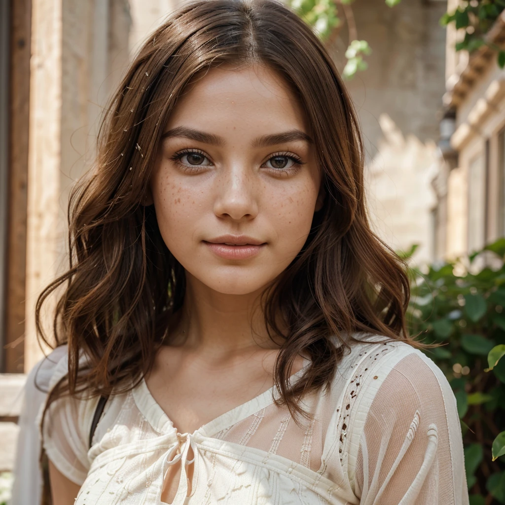 Create a very realistic and beautiful model with the following detailed features: Gender: Female, Age: Young adult (approximately 20-25 years old), Hair: Long, wavy and reddish with a natural shine, gently cascading around the shoulders and back back. . . . . . . . . . , Eyes: Bright green with a captivating, slightly almond-shaped look, detailed with natural highlights, Skin: Fair complexion with a light texture, including natural freckles on the nose and cheeks, giving a youthful and vibrant appearance: Fair complexion with a light texture, including natural freckles on the nose and cheeks, giving a youthful and lively appearance, Face: with a smooth and natural contour, soft, full lips with a slight pinkish tint and a slightly delicate upturned nose, Expression : a sweet face, with a touch of mischief, which transmits warmth and approachability, Clothing: a fluid dress, bright color, Context: the model is in an elegant street, with flowers,
Pose: A relaxed, confident posture, aesthetic, Unsplash, Neoclassicism, Intricate background, Best quality, hyper detailed, Gratty Sita, 64K, Light design