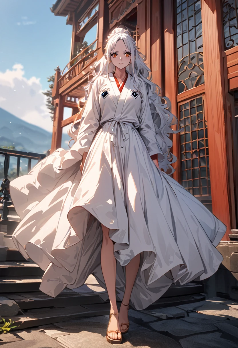 masterpiece, best quality), intricate details, 1 girl, woman, yamato \ (one piece\), (long hair), clothes, luxury house, scenery, ((front view)) ((close up shot)) ((solo)), detailed, very high resolution, no blurry image, full body, orange eyes, sligh wavy hair, ((yamato from one piece)) ((female yamato from one piece))