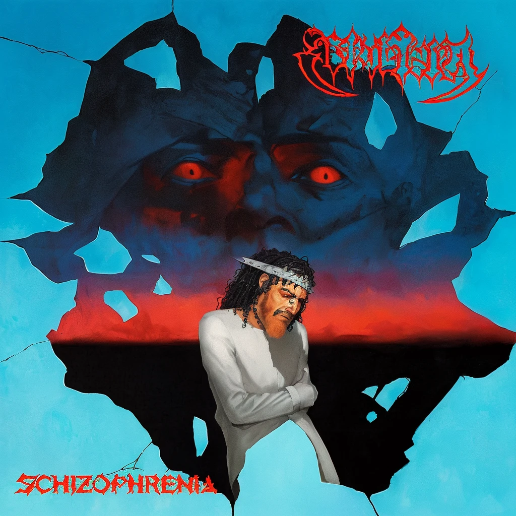 arafed image of a man with a headband on his head, schizophrenia, schizophrenic, schizophrenic hallucination, dark schizophrenia portrait, death metal album cover, submecanophobia, gehenna, 1 9 8 0's heavy metal album art, detailed cover artwork, album art, packshot, cover art, alternate album cover, metal album cover