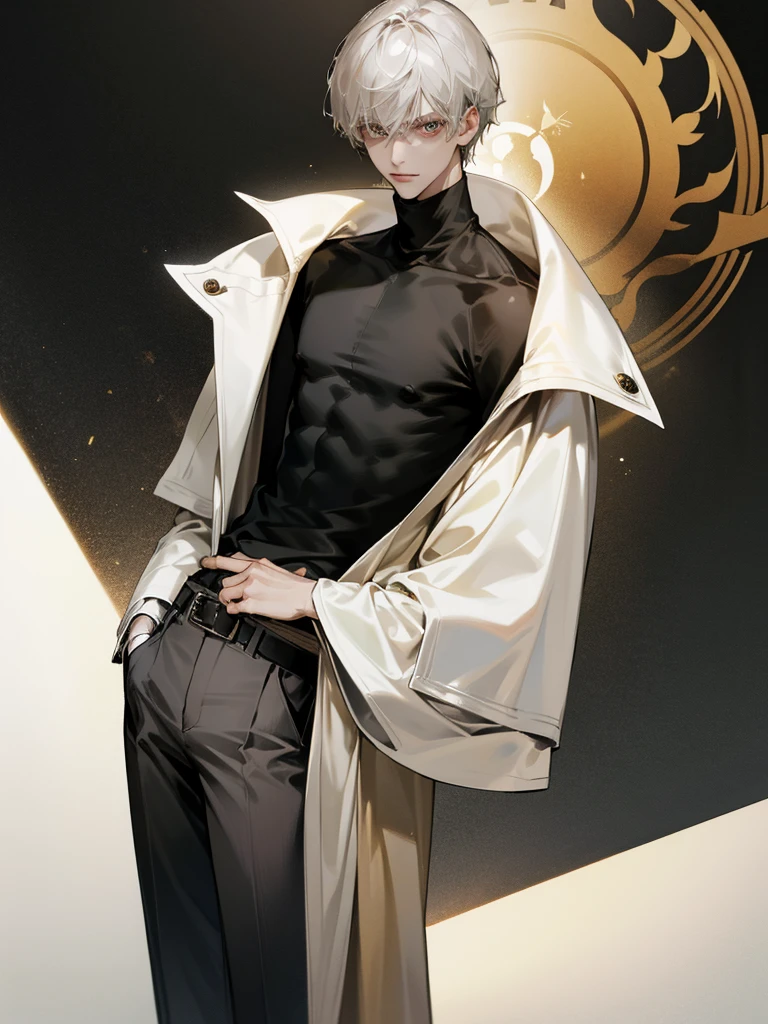 Medium-length grey hair, black highlights, golden eyes, narrow pupils, pale skin, slim figure, tall and thin, male, Black turtleneck sweater, light-colored trousers, belt