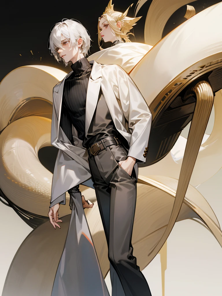 Medium-length grey hair, black highlights, golden eyes, narrow pupils, pale skin, slim figure, tall and thin, male, Black turtleneck sweater, light-colored trousers, belt