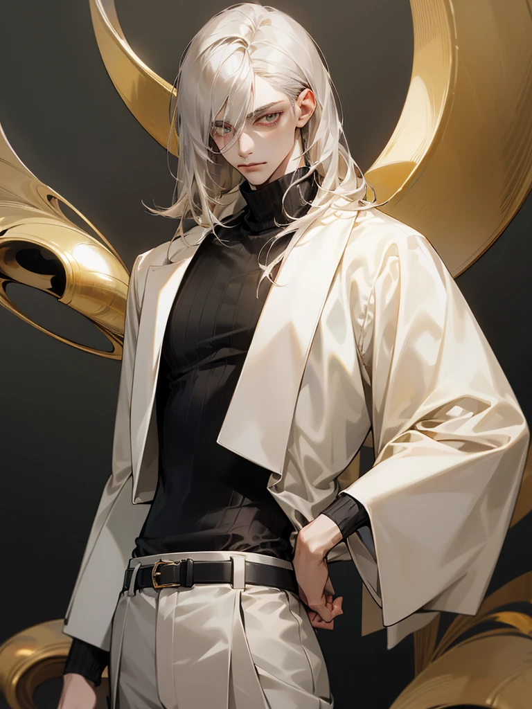 Medium-length grey hair, black highlights, golden eyes, narrow pupils, pale skin, slim figure, tall and thin, male, Black turtleneck sweater, light-colored trousers, belt