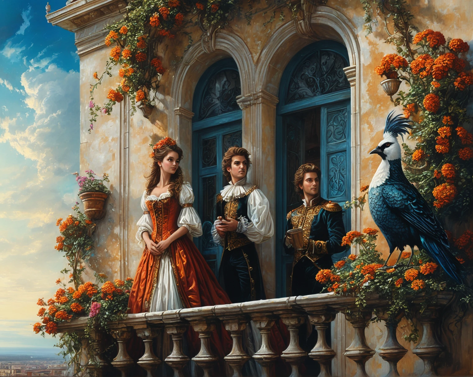 a painting of a man and woman standing on a balcony in front of a building, stylized urban fantasy artwork, digital art fantasy, beautiful digital artwork, realistic fantasy illustration, retro and fantasy style, romantic storybook fantasy, realistic fantasy photography, baroque painting. star lit sky, magic realism matte painting, fantasy fairytale story, digital art fantasy art, fantasy photography