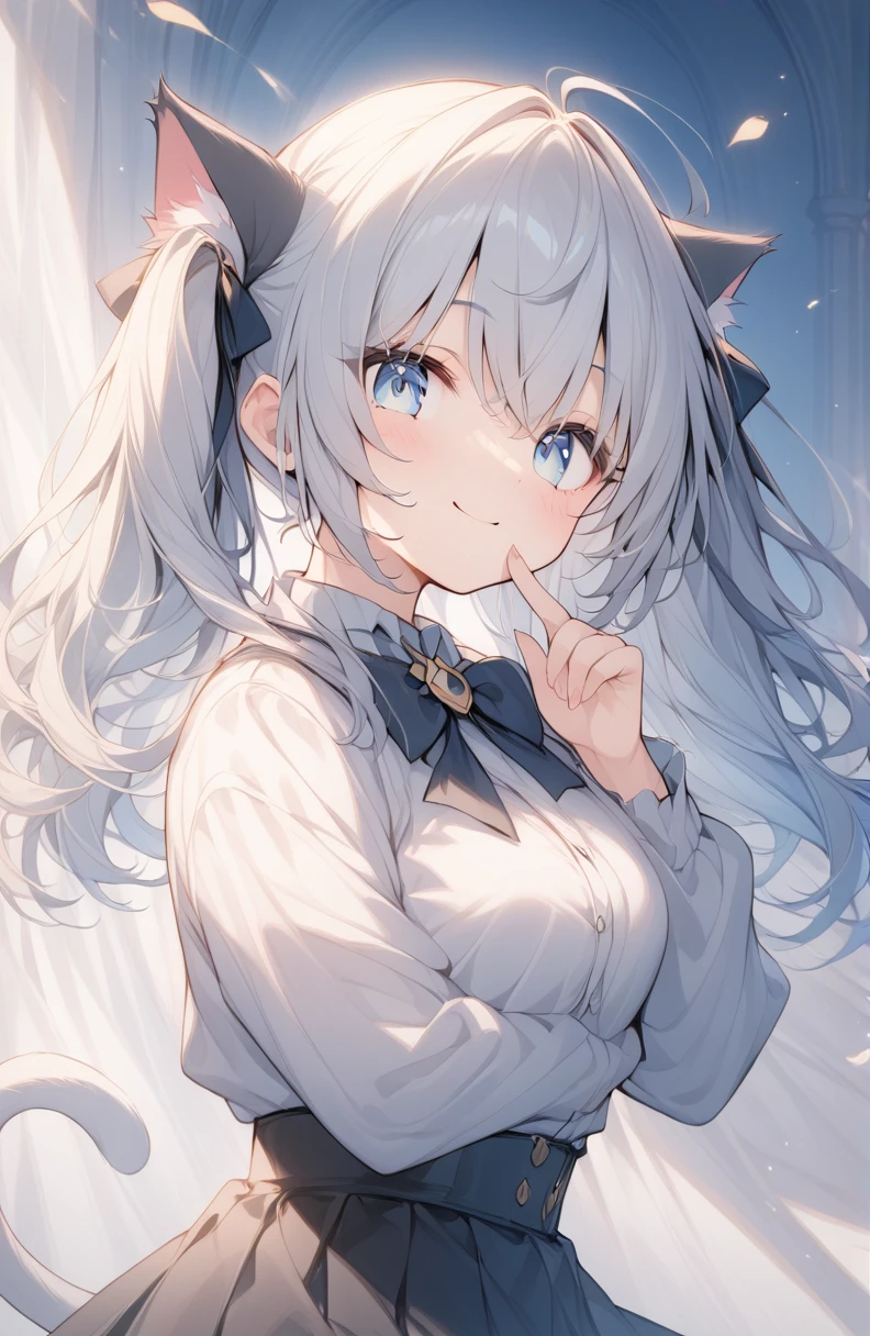 超High resolution, Attention to detail, high quality, High resolution, 最high quality, 4K, 8K, Awards, (artwork)、((Black cat)),Black hair twin tails、Female student、uniform、cute、blue eyes、((I have a cat on my head))