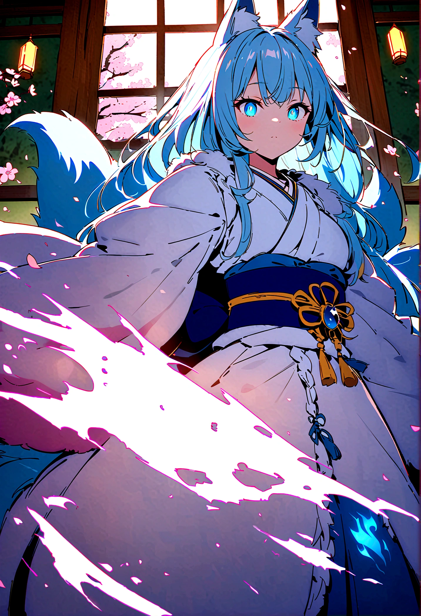 fox Light blue hair 　beast girl　indigo fur　fox beast girl　fox Light blue hair 　beast girl　indigo fur　fox beast girl　Wallpaper 4k,8k,highly detailled,,vivid colors,detailed kitsune with 9 tails,traditional Japanese artwork,tatami floor,beautiful cherry blossoms,floating lanterns,dark silhouette of a pagoda,subtle moonlight,dense forest,ethereal atmosphere,dappled sunlight,whimsical spirit,serene expression,elaborate kimono and obi,delicate hand-painted details,luminous eyes　Anime Style　fox　blue　White-faced golden-haired nine-tailed fox　Coat blue　　fox Light blue hair 　beast girl　indigo fur　fox beast girl　Anime Style　fox　blue　White-faced golden-haired nine-tailed fox　Coat blue　　　mysterious background　Blue Flame　girl　have a ball of light　fox Light blue hair 　beast girl　indigo fur　fox beast girl　mysterious background　Blue Flame　girl　have a ball of light Anime Style　fox　blue　White-faced golden-haired nine-tailed fox　Coat blue　　　mysterious background　Blue Flame　girl　have a ball of light