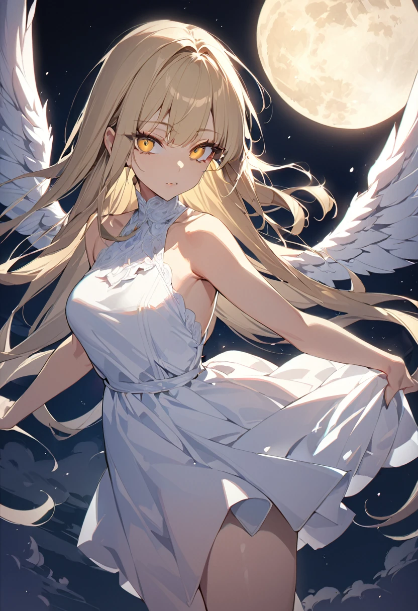 One girl, masterpiece, best quality, beautiful woman, big eyes, golden eyes, blonde, hime cut, long hair, angel wings, white dress, moon, night, floating in the sky, anime