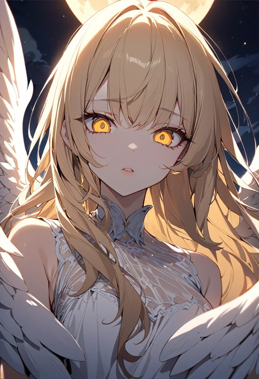 One girl, masterpiece, best quality, beautiful woman, big eyes, golden eyes, blonde, hime cut, long hair, angel wings, white dress, moon, night, floating in the sky, anime