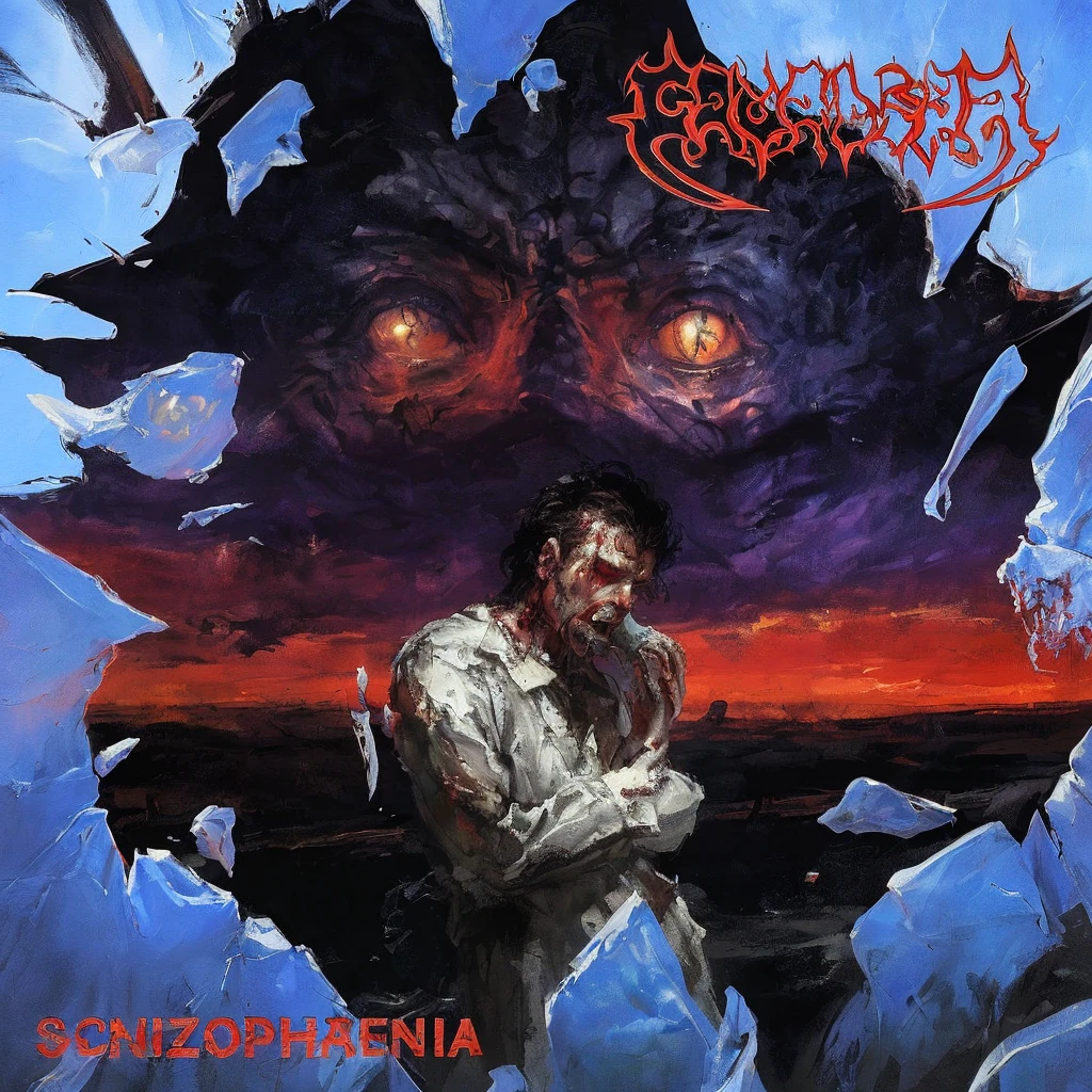 a painting of a man in a white shirt is looking at a demonic creature, scornful, schizophrenia, gehenna, detailed cover artwork, sorrowful, death metal album cover, disturbing biohorror saliva, schizophrenic, dark schizophrenia portrait, schizophrenic hallucination, packshot, cover art, metal album cover art, azathoth, dreadful