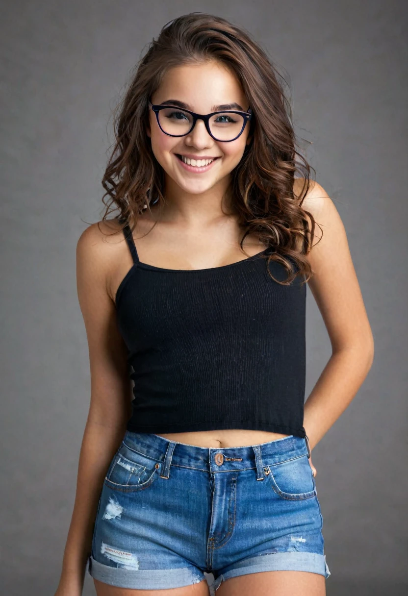 Realistic sexy young teen outfit smileling looking at camera glasses