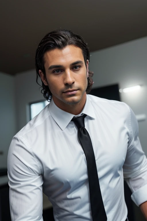 Handsome Man 36, lean muscular body, tan skin olive, his eyes are blue, 1.90m, his hair is dark brown with natural waves that flow down his shoulders, a little stubble unshaved, wearing a black suit, white shirt, digital AI, half man and half robot, cyborg
