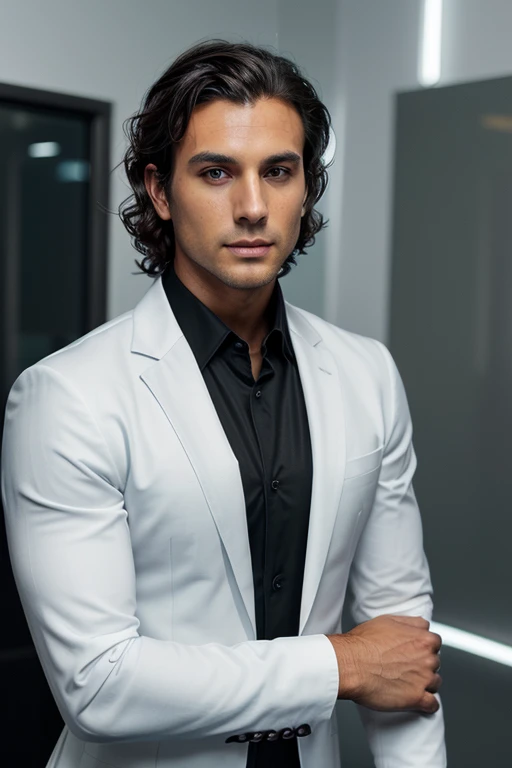 Handsome Man 36, lean muscular body, tan skin olive, his eyes are blue, 1.90m, his hair is dark brown with natural waves that flow down his shoulders, a little stubble unshaved, wearing a black suit, white shirt, digital AI, half man and half robot, cyborg 