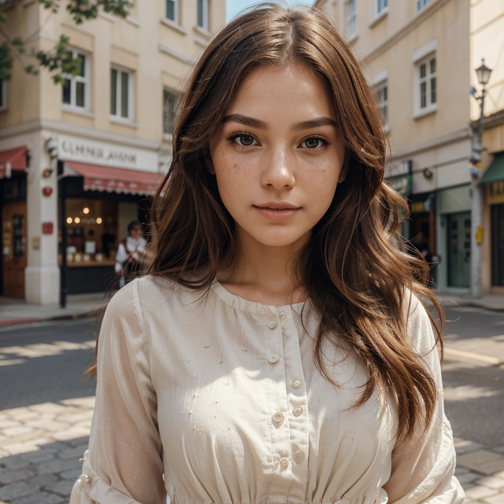 Create a very realistic and beautiful model with the following detailed features: Gender: Female, Age: Young adult (approximately 20-25 years old), Hair: Long, wavy and reddish with a natural shine, gently cascading around the shoulders and back back. . . . . . . . . . , Eyes: Bright green with a captivating, slightly almond-shaped look, detailed with natural highlights, Skin: Fair complexion with a light texture, including natural freckles on the nose and cheeks, giving a youthful and vibrant appearance: Fair complexion with a light texture, including natural freckles on the nose and cheeks, giving a youthful and lively appearance, Face: with a smooth and natural contour, soft, full lips with a slight pinkish tint and a slightly delicate upturned nose, Expression : a sweet face, with a touch of mischief, which transmits warmth and approachability, Clothing: a fluid dress, bright color, Context: the model is in an elegant street, with flowers,
Pose: A relaxed, confident posture, aesthetic, Unsplash, Neoclassicism, Intricate background, Best quality, hyper detailed, Gratty Sita, 64K, Light design
