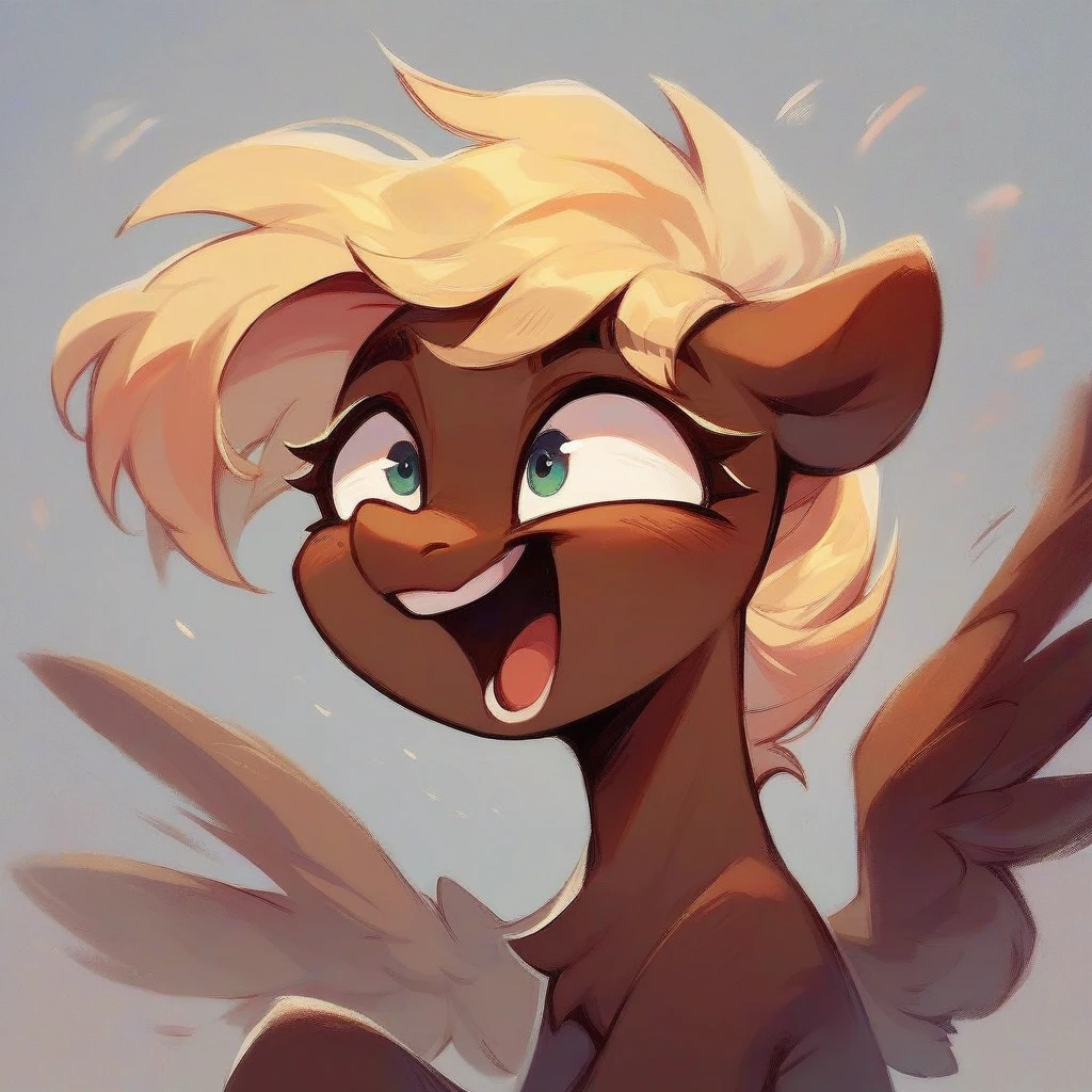 Brown Pegasus Pony with pink, blonde, and, dark brown hair, excited, happy