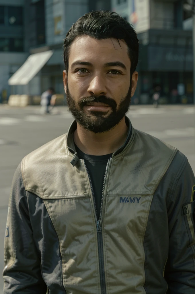 BarettStarfield, facial hair, 1boy, beard, male focus, realistic, black hair, blurry background, looking at viewer, blurry, jacket, solo, smile, upper body, mustache, shirt, black shirt, black eyes
,masterpiece, best quality, cinematic lighting,
