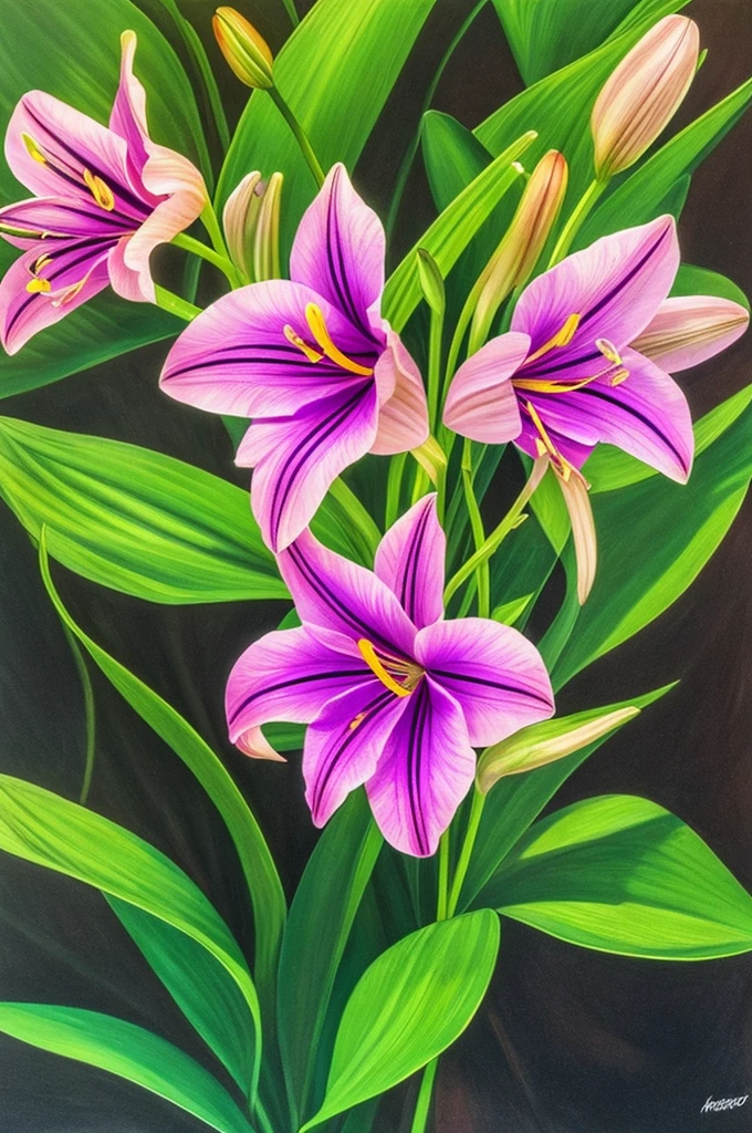 a close up of a flower with a heart shaped stem, a photorealistic painting by Howard Butterworth, flickr, photorealism, glowing delicate flower, lily, lights with bloom, 🌺 cgsociety, lily flower, photorealism ”, glowing iris, glowing flowers, beautiful lit, realistic photo”, beatifully lit, glowing in the dark, .highly realistic, harsh bloom lighting