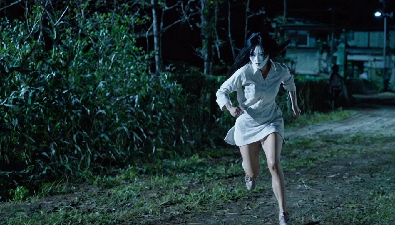 Kuchisake onna running after a human at night 