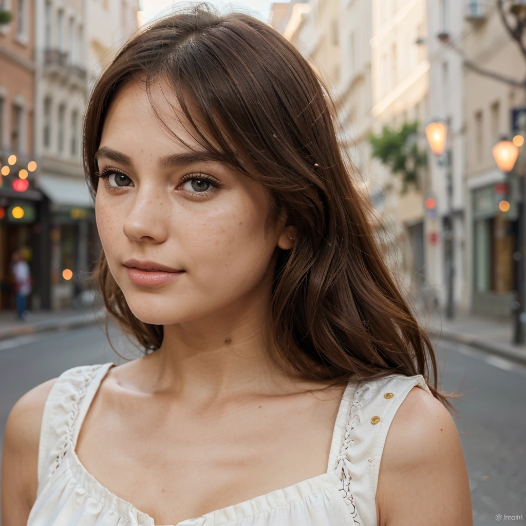 Create a very realistic and beautiful model with the following detailed features: Gender: Female, Age: Young adult (approximately 20-25 years old), Hair: Long, wavy and reddish with a natural shine, gently cascading around the shoulders and back back. . . . . . . . . . , Eyes: Bright green with a captivating, slightly almond-shaped look, detailed with natural highlights, Skin: Fair complexion with a light texture, including natural freckles on the nose and cheeks, giving a youthful and vibrant appearance: Fair complexion with a light texture, including natural freckles on the nose and cheeks, giving a youthful and lively appearance, Face: with a smooth and natural contour, soft, full lips with a slight pinkish tint and a slightly delicate upturned nose, Expression : a sweet face, with a touch of mischief, which transmits warmth and approachability, Clothing: a fluid dress, bright color, Context: the model is in an elegant street, with flowers,
Pose: A relaxed, confident posture, aesthetic, Unsplash, Neoclassicism, Intricate background, Best quality, hyper detailed, Gratty Sita, 64K, Light design