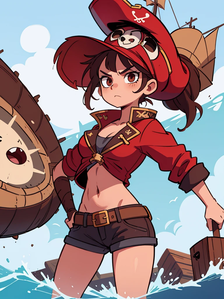 Teenage pirate captain. Sexy red pirate outfit no pants. Captain hat. Brown hair. Weapon. On the pirate ships. Shore background. Epic standing pose. Beautiful teenage face.