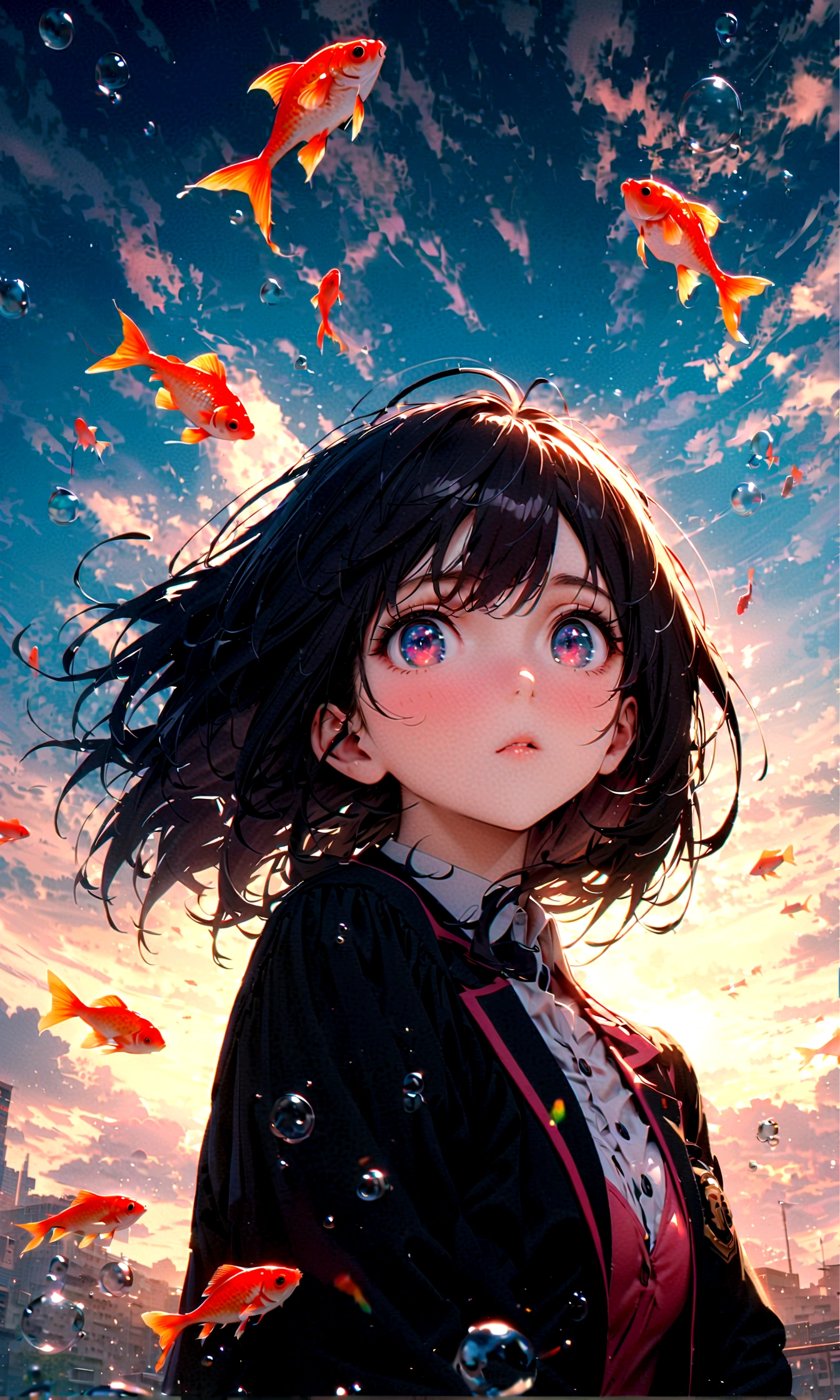 (woman\(student, 15 years old, JK, Silver flowing short hair, Cosmic eyes, Black school uniform, Pale skin, Tired face,Eyes without luster\) look up to the sky), (Many goldfish swimming in the air), Beautiful sky, Beautiful clouds, In summer,Colorful flowers blooming everywhere, (Crystal clear bubbles sparkle in the sky), There is a midday moon and a midday star in the sky, woman is at messy downtown, rest ,quality\(8K,Extremely detailed CG unit wallpaper, masterpiece,high resolution,top-quality,top-quality real texture skin,Surrealism,提high resolution,original photo,Best quality,Very detailed,wallpaper,light,Ray Tracing,Golden Ratio\),(Long Shot),Wide-angle lens,
