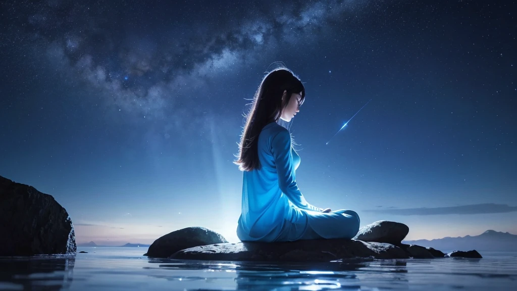 In meditation position座っている女性,rear view of oriental modern woman,blue clothing。sail in front of the stars, The soul of an elf meditating in space, sitting in a cosmic cloudscape, spiritual enlightenment, Meditating, Powerful woman sitting in space, Meditation Phase of Hinduism, cosmic illumination, Meditation in the lotus position, calm evening. digital illustration, In meditation position, meditation, In meditation position, Healing glowing lamp blue clothing