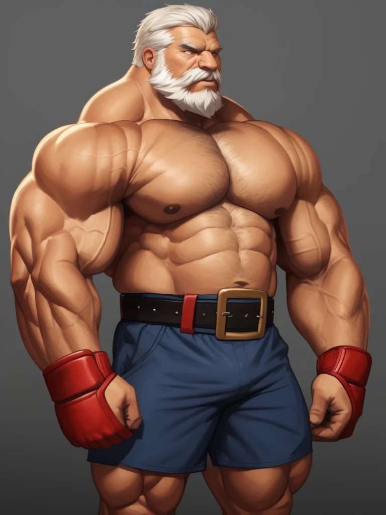 solo, 1boy, Huge Muscular Old man wearing boxing belt , pectoral, thick arms, huge pectoral, wide pectoral, short white hair, short pants and shirtless, bearded, simple background, masterpiece, semirealistic:1.2, high detailed, 8k, high resolution
